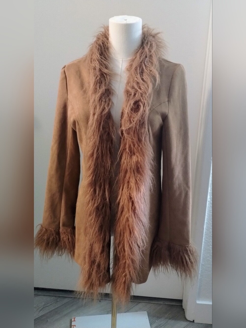 Faux-Fur Trim Suede Jacket - Tan